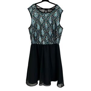 Love Reign Girls Blue & Gold Sequin Abstract Print Skater Dress Juniors 7